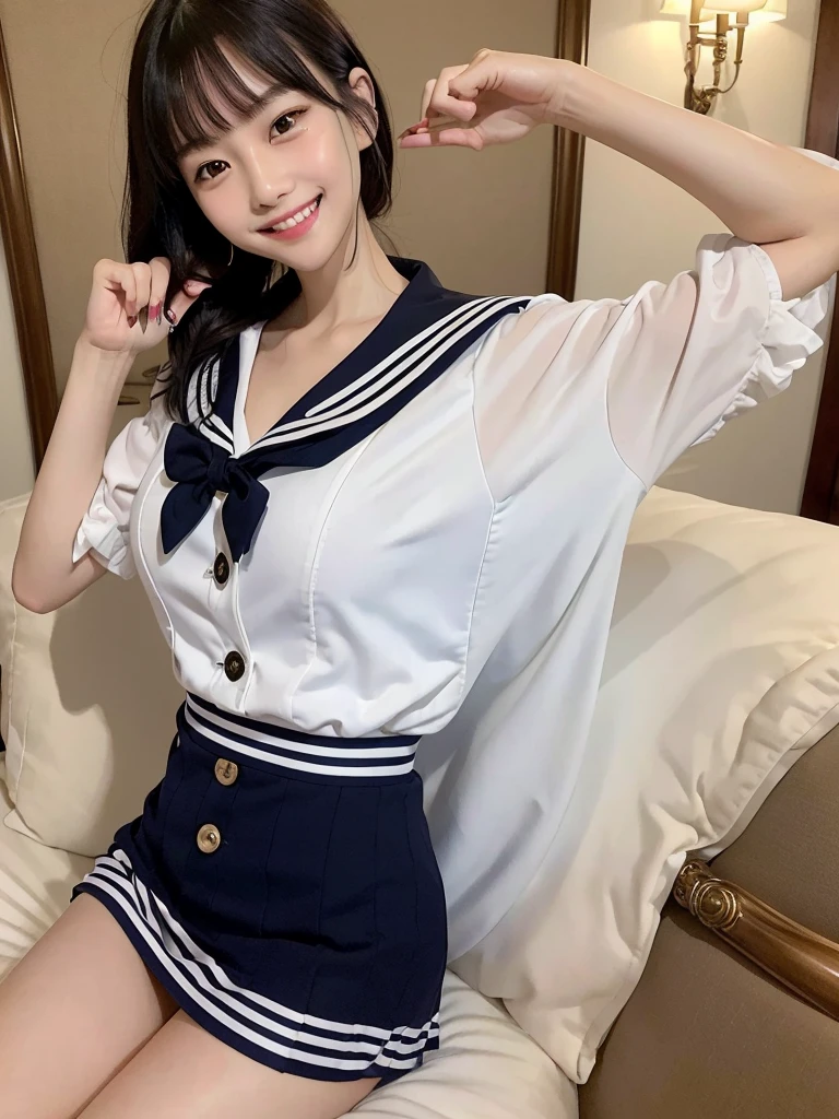 Highest quality、masterpiece、8k、Very detailed、Realistic、(One woman)、Hotel Bed、(Looking at me with a smile:1.5)、whole body、Black Hair、Small face、(Slender:1.2)、Big Breasts、(Sailor suit with buttons:1.2)、(Short tight skirt:1.2)