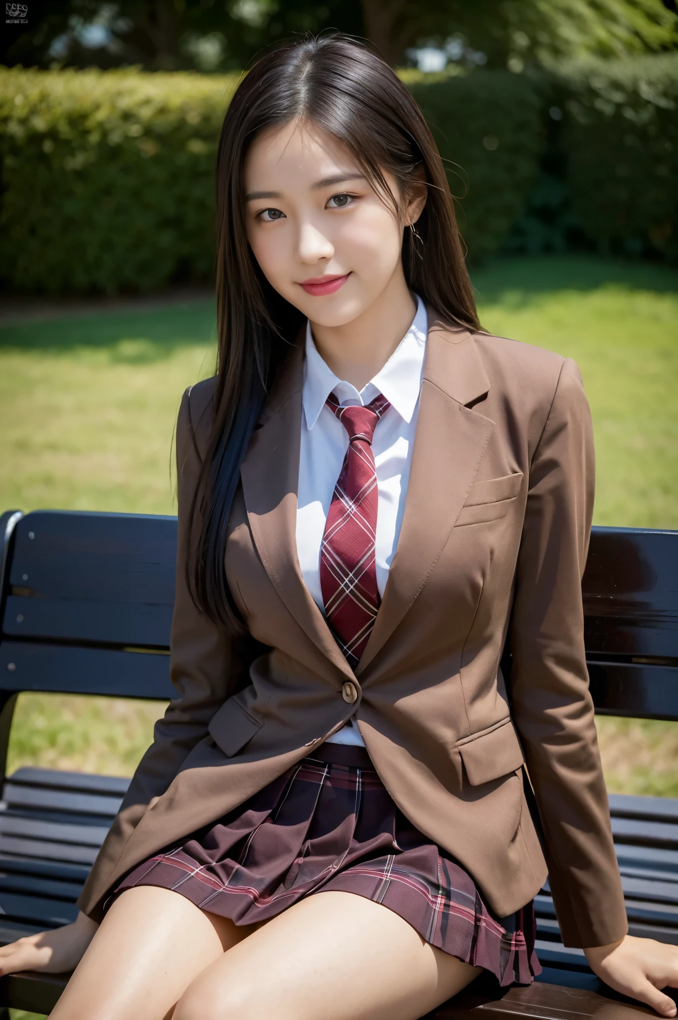 (8K), (highest quality: 1.2), (realistic), (realistic: 1.37), ultra high resolution, 1 girl, cute, smile, closed mouth, beautiful details, beautiful nose, black straight silky hair, giant dulcefo, pork, thighs,self snap,University Student Uniform,sunny day,I can see the sea,sit on a bench in the park,(Simple light brown blazer 1),(dark brown pleated skirt),dark red tie,(The pattern of the skirt and tie is a tartan check pattern...:1.3),ニーハイタイツ