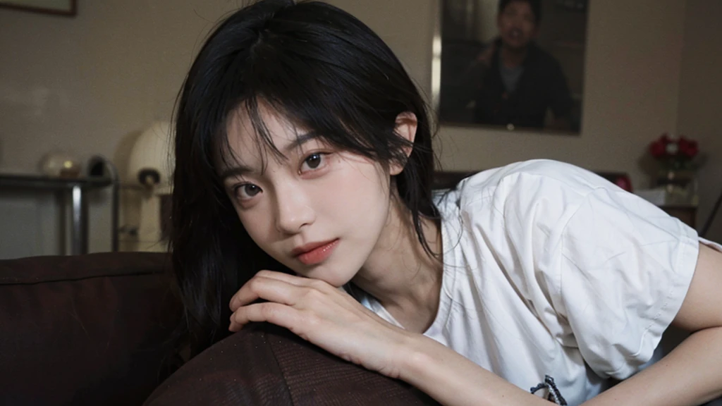 8K,Best quality,masterpiece,Ultra-high resolution,(Reality:1.4),RAW photos,(Real skin texture:1.3),(Film Grain:1.3),A beautiful woman with plump breasts sits on the sofa facing the camera,Beautiful eyes and face details,masterpiece,Best quality,Close-up cleavage,Upper part of the body,Pink short sleeves,Fair skin,Background out of focus,Cosy bedroom,Warm yellow light,