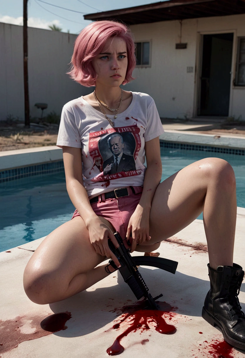 a 20 year old femboy, short haircut, communist necklace, Joe Biden TShirt, pink panties showing over low rider pants, Sniper rifle, dead body, pool of blood, white roof, multiple bloody gunshot wounds, cinematic lighting, moody atmosphere, dark and gritty, realistic, hyper detailed, masterpiece, 8k, photorealistic