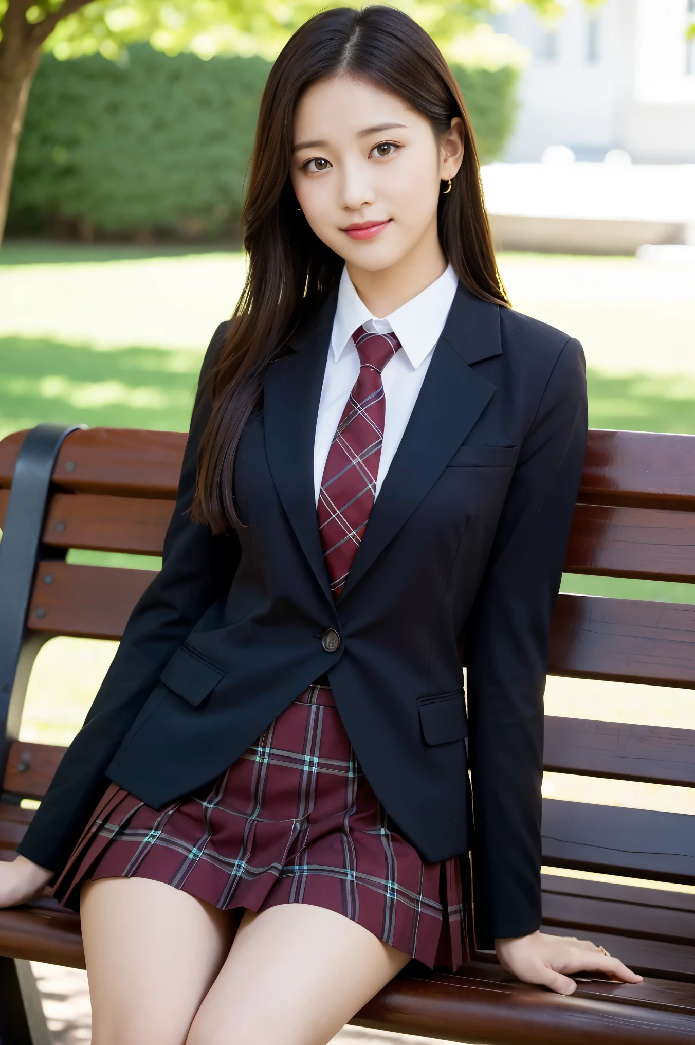 (8K), (highest quality: 1.2), (realistic), (realistic: 1.37), ultra high resolution, 1 girl, cute, smile, closed mouth, beautiful details, beautiful nose, black straight silky hair, giant dulcefo, pork, thighs,self snap,University Student Uniform,sunny day,I can see the sea,sit on a bench in the park,(Simple light brown blazer 1),(dark brown pleated skirt),dark red tie,(The pattern of the skirt and tie is a tartan check pattern...:1.3),ニーハイタイツ