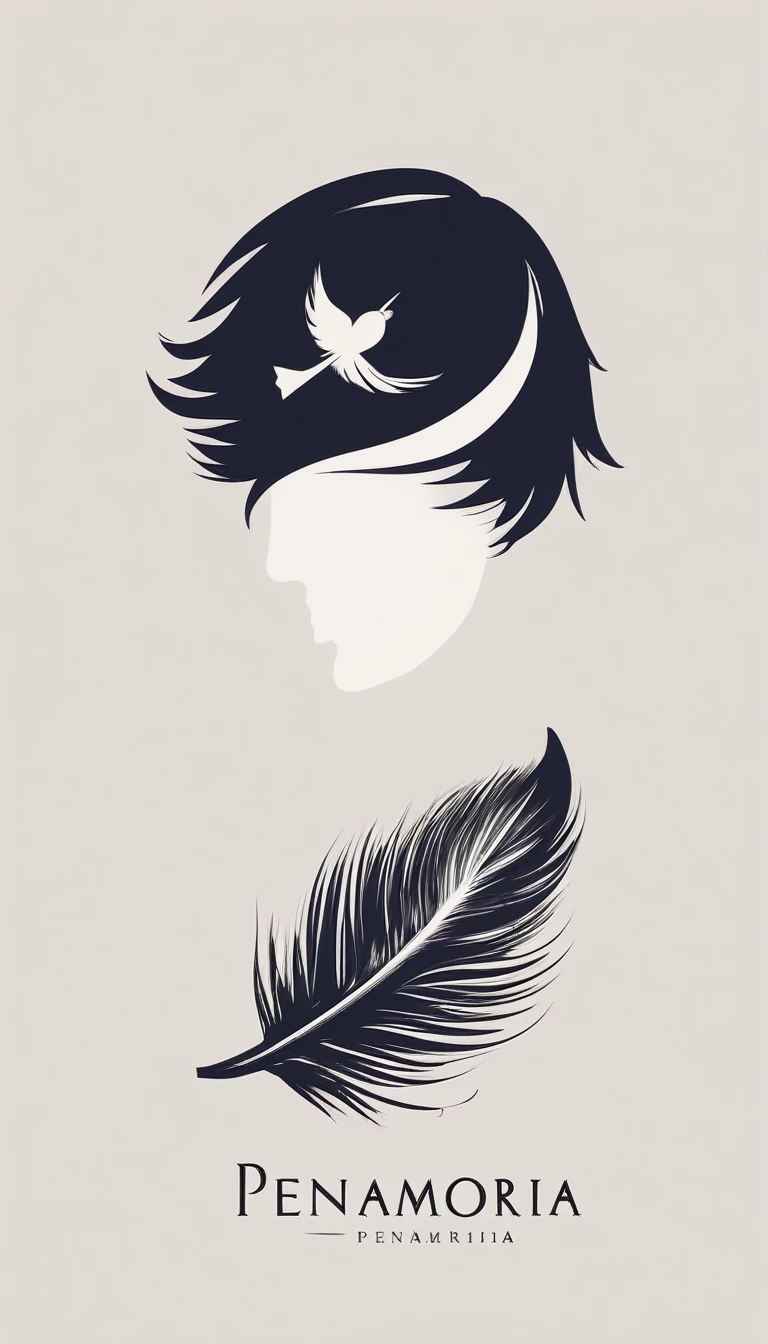 A minimalist, fantastic, poetic, dreamy, captivating, memorable, masterpiece, modern, simple logo design of a boy and a feather for the brand “Penamemoria". The logo must convey a sense of music, stories and dreams. Minimalistic logo design of a boy and a feather.