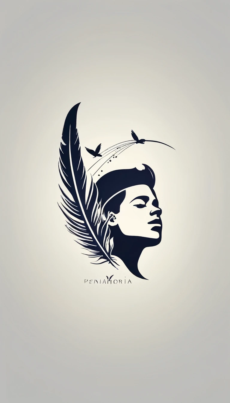 A minimalist, fantastic, poetic, dreamy, captivating, memorable, masterpiece, modern, simple logo design of a boy and a feather for the brand “Penamemoria". The logo must convey a sense of music, stories and dreams. Minimalistic logo design of a boy and a feather.