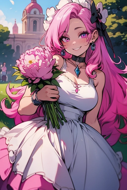 One woman.Perfect face. Perfect hands. A pink haired woman with violet eyes and an hourglass figure in a ballgown is holding a bouquet of peonies with a big smile in the park