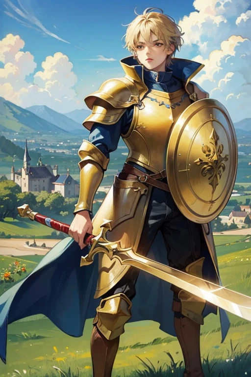 anime girl in golden armor with a sword and shield who is 20 years old in a medieval landscape with the shield raised and a castle in the distance