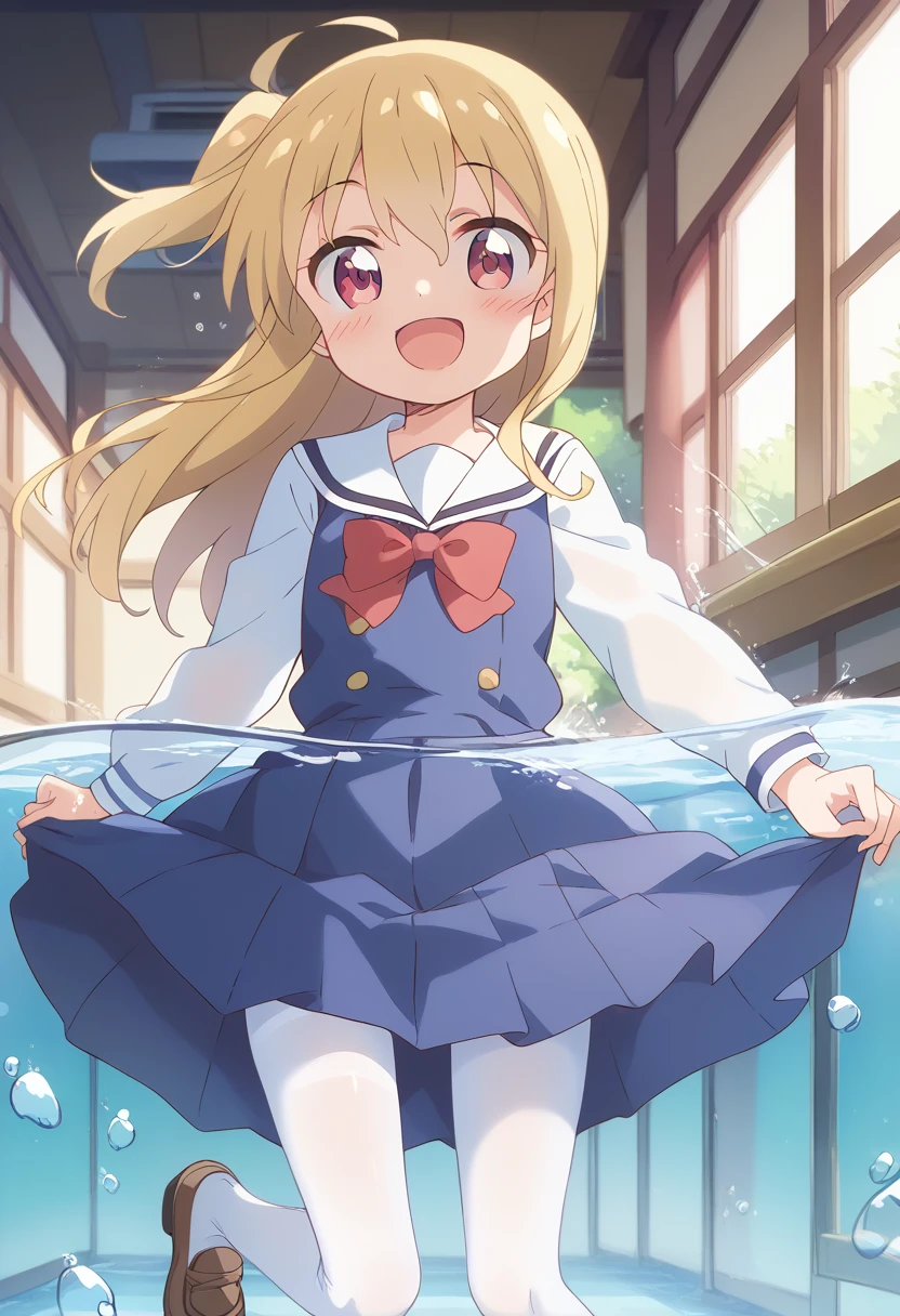 score_9, score_8_up, score_7_up, source_アニメ, masterpiece, 1girl, watahana, , blue dress, sailor dress, pinafore dress, white sailor collar,white shirt, red bowtie, long sleeves, flat chest, white pantyhose, loafers, White socks、cowboy shot, looking at viewer, indoors, open mouth, shiny hair, smile, Open your mouth, cuteポーズ, (Completely flooded)、Immersed in water、Transparent pool, Water Play, Primary school students、Skirt fully open、Long wide skirt、cute、blush、Watery eye、Lots of water、Wet、((The skirt spreads over the water surface.))、(Drowning)、