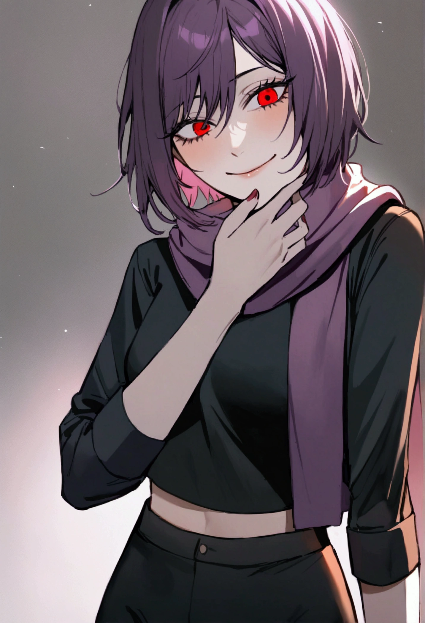 make me a female, purple messy short hair, red eyes, shes smiling, black shorts and black tight shirt with a scarf, jujutsu kaisen style