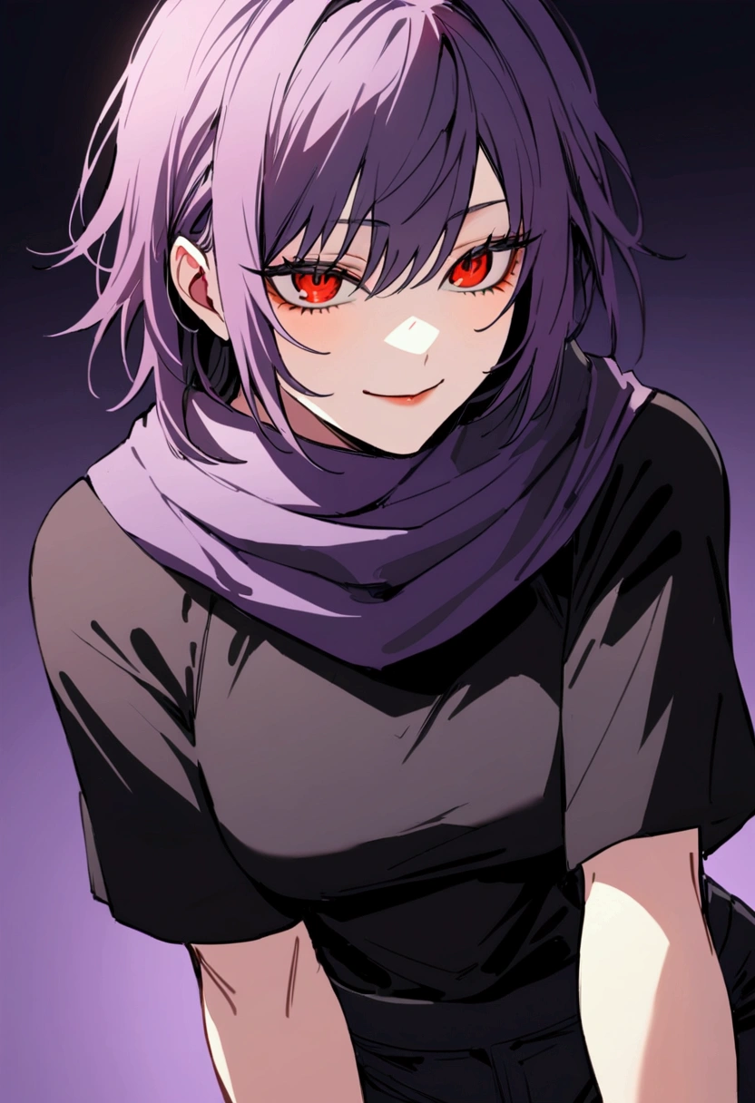 make me a female, purple messy short hair, red eyes, shes smiling, black shorts and black tight shirt with a scarf, jujutsu kaisen style