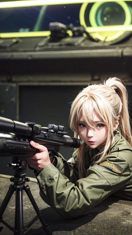 high quality, High-resolution images, Full HD、8k.A young girl with blonde hair and a ponytail wearing a US military uniform and a helmet pulled down low on her head., He has a rifle.、Late night city, Put on a night scope,Binoculars night vision scope, Pitch black. The light from the night scope is green.,,(Shooting a gun from the rubble),((Lower the night scope to your eye,))