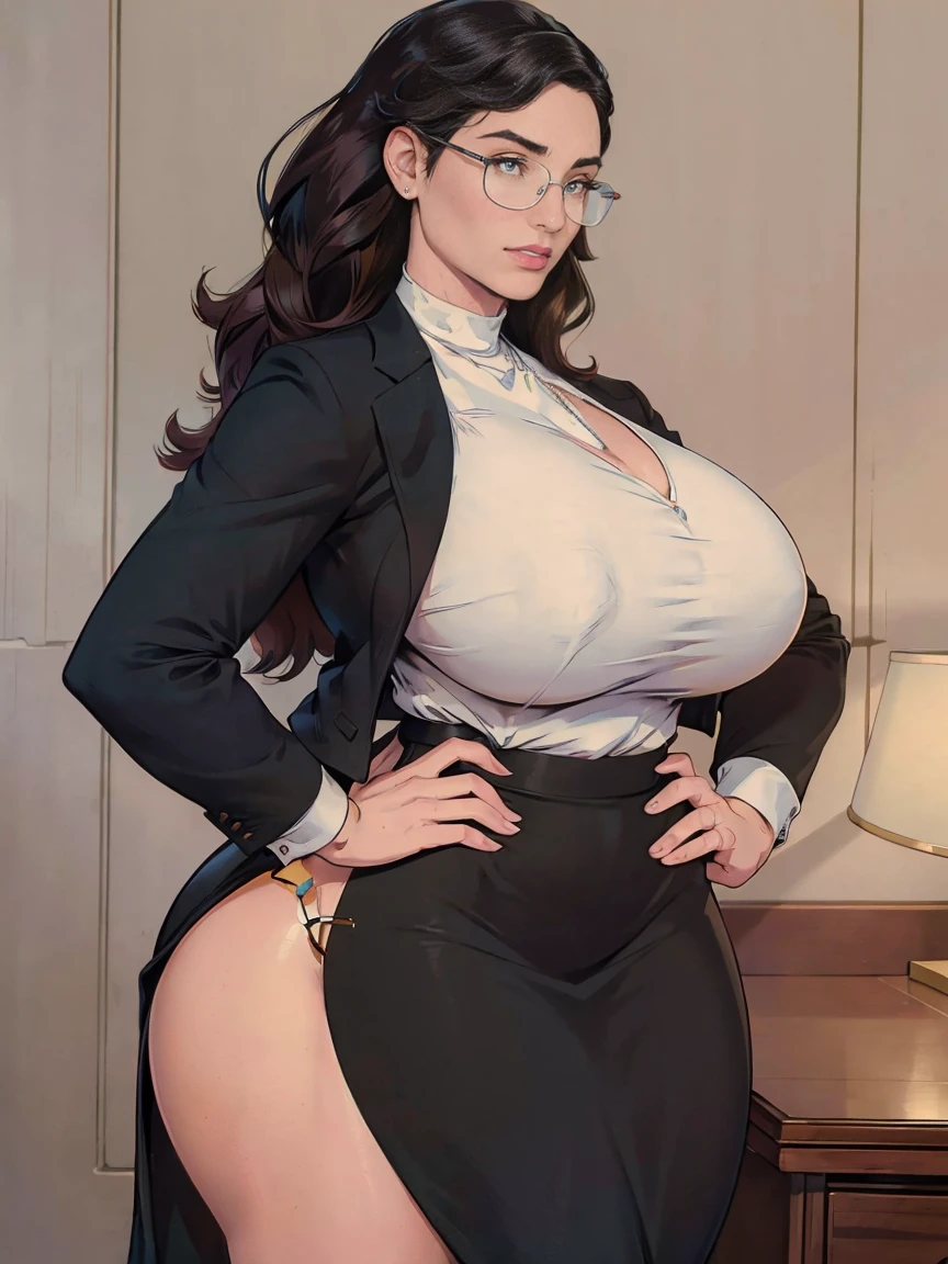 Gorgeous and sultry busty athletic (thin) brunette with sharp facial features and a (large nose) and (huge boobs) wearing a black blazer, white blouse and black pencil skirt, glasses