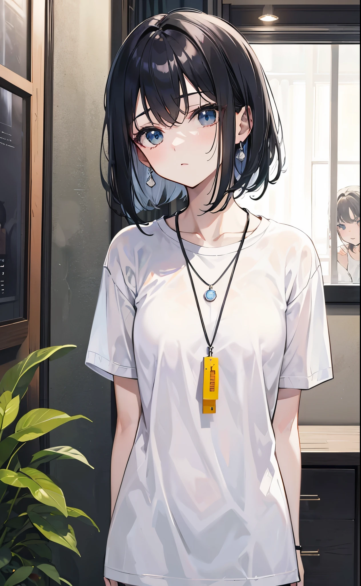 White thin T-shirt，Thin silver necklace，Black hair face，#11: Long and Thin Braided Braids，Beautiful silver metal jewelry