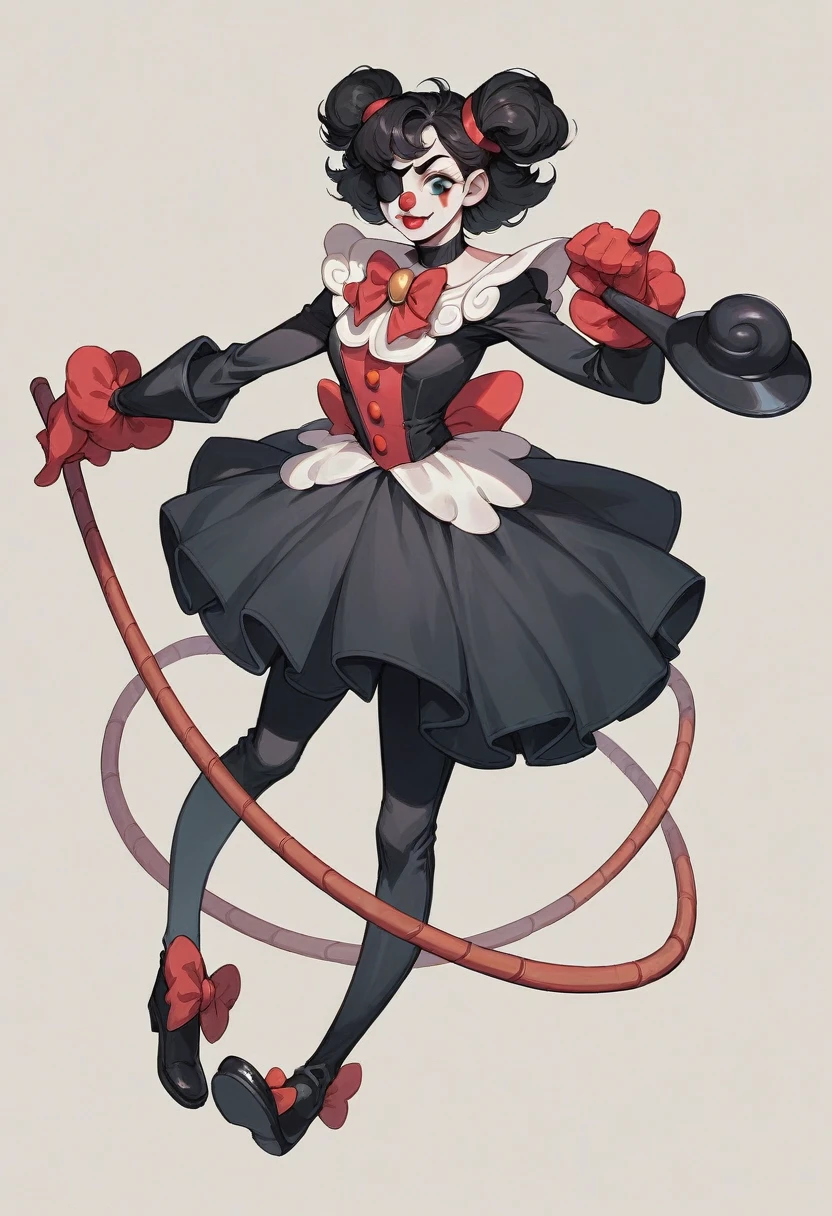 anime screenshot, female character, with black hair, brown eyes, circus around her full body, wearing a costume of a circus magician, black patch on her left eye
