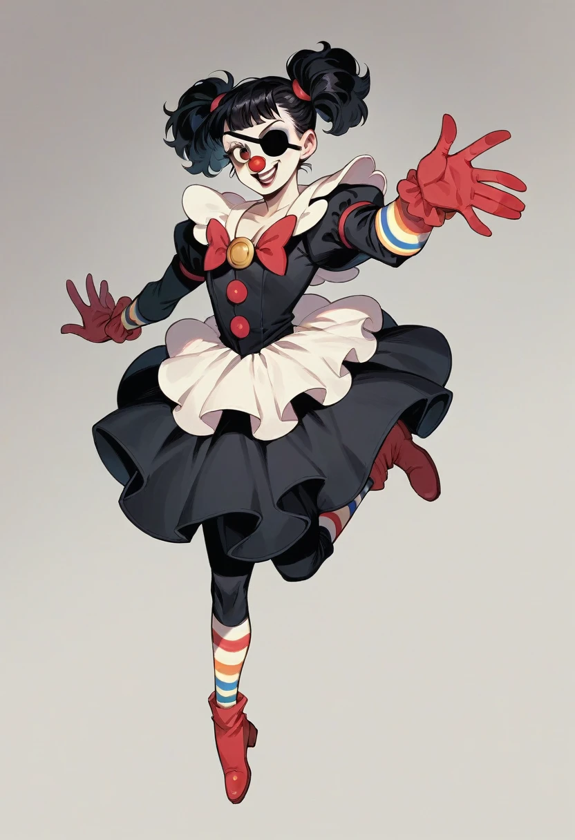 anime screenshot, female character, with black hair, brown eyes, circus around her full body, wearing a costume of a circus magician, black patch on her left eye