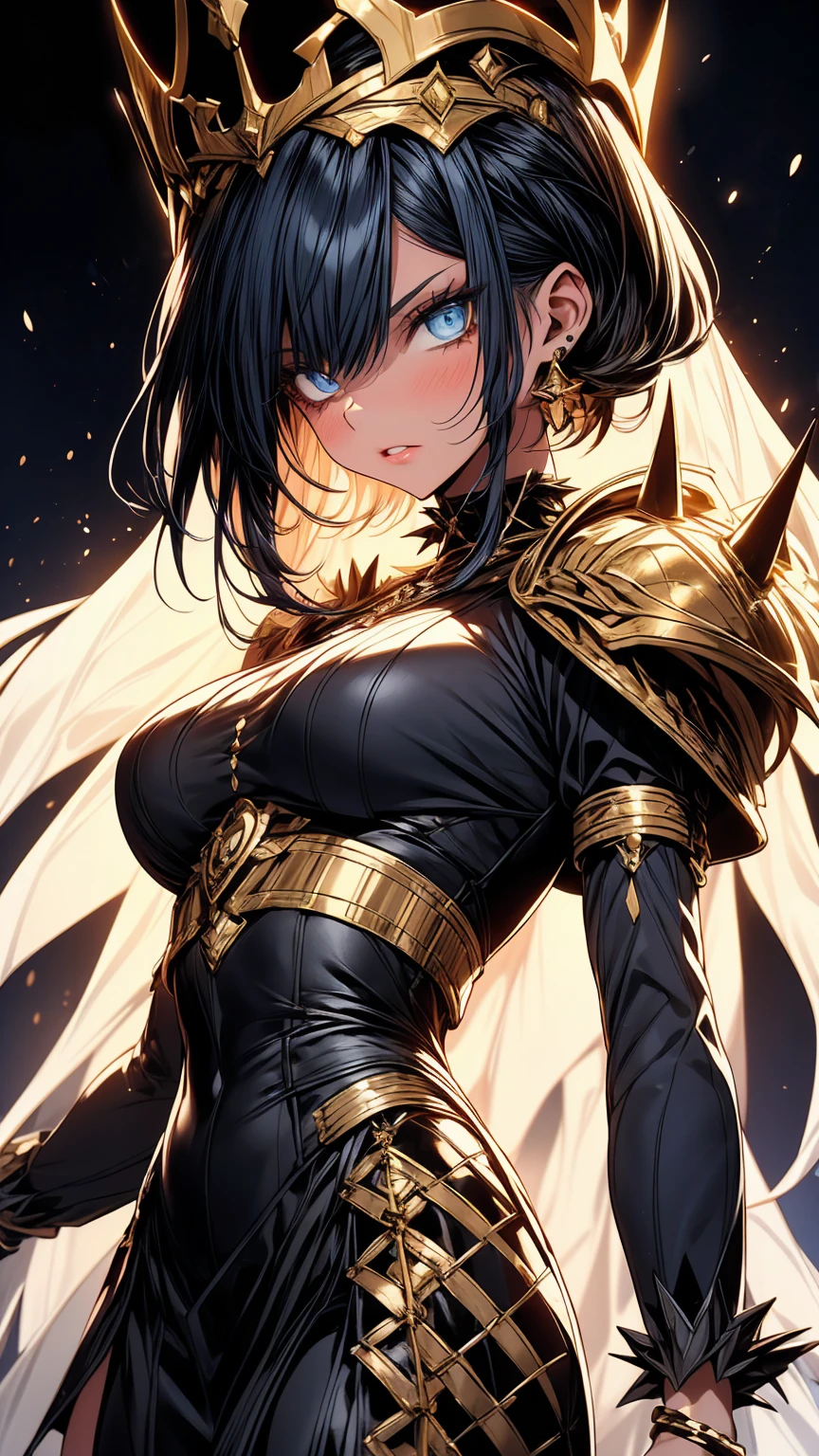 Generate an image of a woman with short black hair with blue highlights, sky-blue eyes with black makeup, and lips painted in soft red. She is wearing a black half-armor on the upper part and a black dress with a side slit at the lower part of her body. Her skin is fair with tattoos on her hip. She wears black heels with scales and a crown of black and blue spikes with golden details. Additionally, she wears a blue cape with black and golden embroidery. She is located in a gallery with tall black columns and a dark background, brightly illuminated, with a somewhat angry expression., like queen