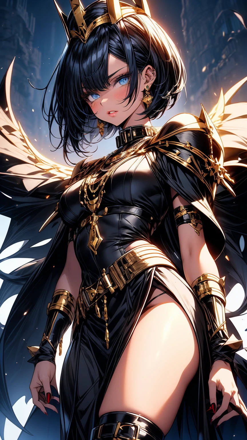 Generate an image of a woman with short black hair with blue highlights, sky-blue eyes with black makeup, and lips painted in soft red. She is wearing a black half-armor on the upper part and a black dress with a side slit at the lower part of her body. Her skin is fair with tattoos on her hip. She wears black heels with scales and a crown of black and blue spikes with golden details. Additionally, she wears a blue cape with black and golden embroidery. She is located in a gallery with tall black columns and a dark background, brightly illuminated, with a somewhat angry expression., like queen