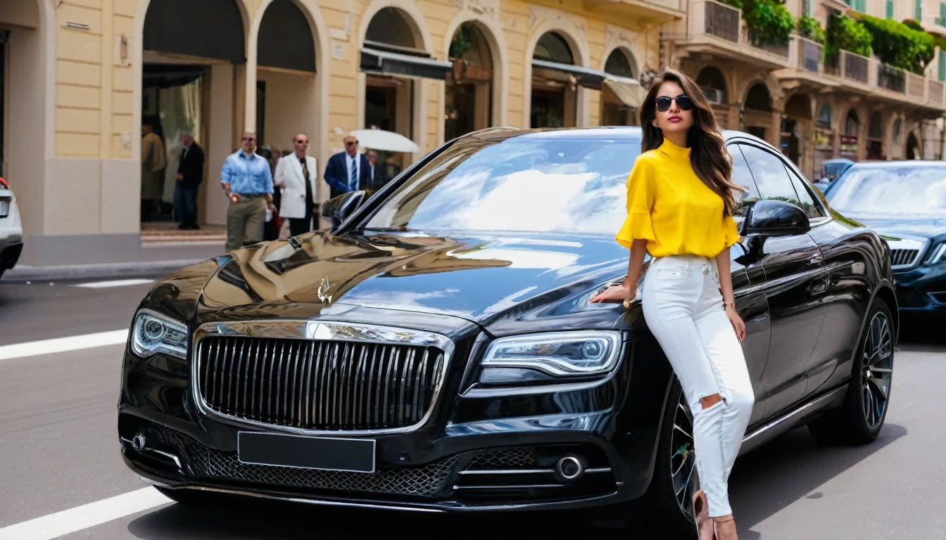 beautiful girl dressed casually with style, driving a luxury car on the streets of Monaco