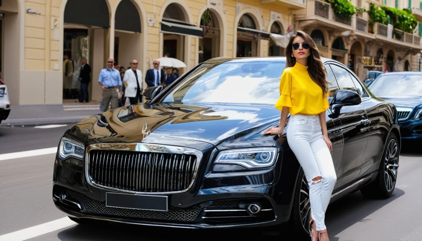 beautiful girl dressed casually with style, driving a luxury car on the streets of Monaco