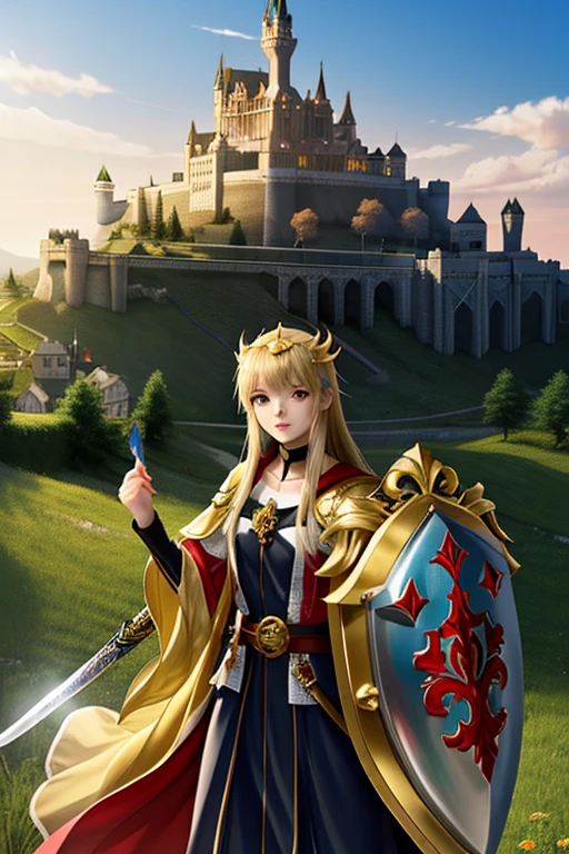 anime girl in golden armor with a sword and shield who is 20 years old in a medieval landscape with the shield raised and a castle in the distance