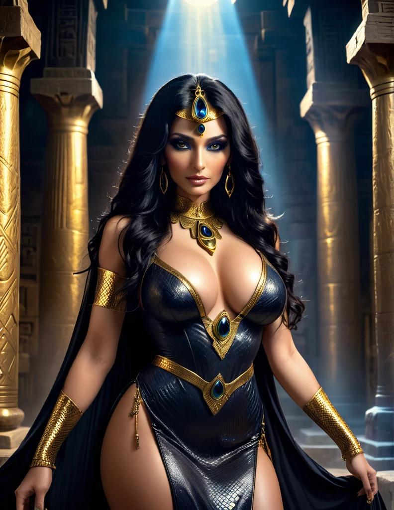 Egyptian sorceress, beautiful mature Egyptian goddess, snake skin, long flowing black hair, glowing golden eyes, reptilian pupils, swollen lactating breasts, form-fitting translucent black and gold dress, ancient Egyptian jewelry, standing in mysterious ancient temple, dramatic gothic dominatrix vibes, intense cinematic lighting, supernatural, breathtaking beauty and depth, (best quality,4k,8k,highres,masterpiece:1.2),ultra-detailed,(realistic,photorealistic,photo-realistic:1.37),HDR,UHD,studio lighting,ultra-fine painting,sharp focus,physically-based rendering,extreme detail description,professional,vivid colors,bokeh,fantasy,dark fantasy,occult,powerful,mystical,elegant,ethereal,chiaroscuro