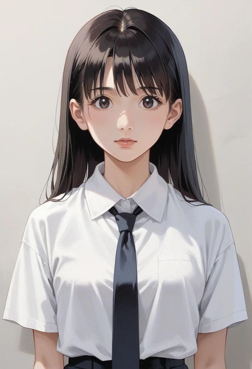 anime girl with black hair and a white shirt and tie, anime style illustration, retro anime girl, flat anime style shading, anime style portrait, junji ito 4 k, portrait of anime woman, portrait of cute anime girl, portrait of an anime girl, portrait of anime girl, in an anime style, anime portrait of shiina ringo