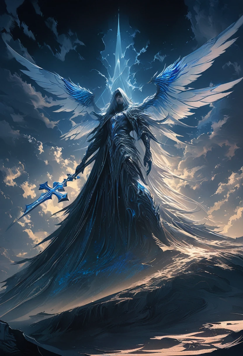 (masterpiece, best quality: 1.2), Underground Angel, Folding wings, Holding a blue silver cross, moonlight, partly cloudy, Dark fantasy illustration style, Dark Arts, High contrast, Dark Shadows, Atmospheric perspective , Melancholic colors, work, Volumetric Lighting, number, Brushstrokes, Dramatic Lighting, Low Angle, Surrealism, Very detailed, Surrealism