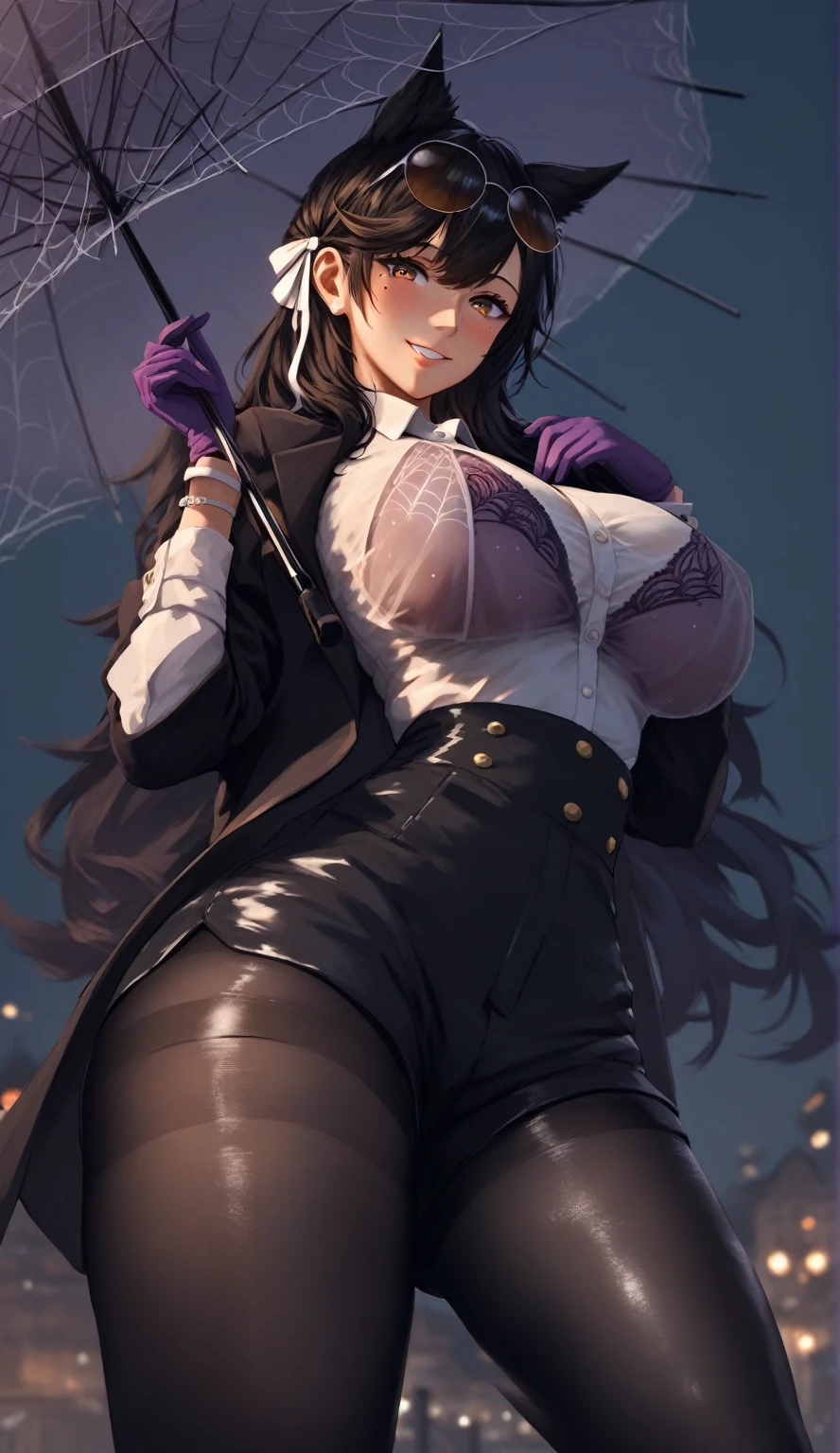 (hero neisan art style:0.7), score_9, score_8_up, score_7_up, score_6_up, uncensored, atago_\(azur_lane\), black hair, kemonomimi, bangs, long hair, brown eyes, mole_under_eye, BREAK (masterpiece:1.2), best quality, high resolution, (beautiful detailed eyes:1.3), perfect lighting, (perfect hands, perfect anatomy), large breasts, sagging breasts, umbrella, holding umbrella, thug shirt, 1girl, high-waist shorts, solo, breasts, round eyewear, eyewear on head, pantyhose, umbrella, shirt, white shirt, large breasts, shorts, black jacket,  sunglasses, looking at viewer, jacket, long sleeves, holding umbrella, thighs, pantyhose under shorts, black shorts, smile, black pantyhose, purple gloves, gloves, transparent umbrella, bra visible through clothes, bra peek, cowboy shot, spider web print, 