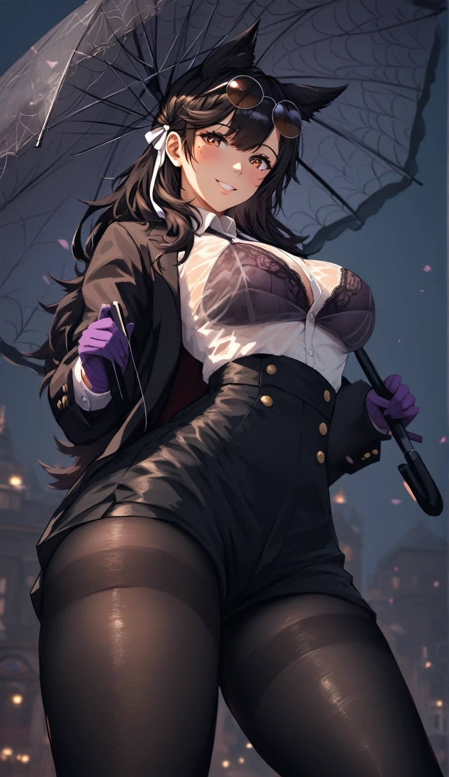 (hero neisan art style:0.7), score_9, score_8_up, score_7_up, score_6_up, uncensored, atago_\(azur_lane\), black hair, kemonomimi, bangs, long hair, brown eyes, mole_under_eye, BREAK (masterpiece:1.2), best quality, high resolution, (beautiful detailed eyes:1.3), perfect lighting, (perfect hands, perfect anatomy), large breasts, sagging breasts, umbrella, holding umbrella, thug shirt, 1girl, high-waist shorts, solo, breasts, round eyewear, eyewear on head, pantyhose, umbrella, shirt, white shirt, large breasts, shorts, black jacket,  sunglasses, looking at viewer, jacket, long sleeves, holding umbrella, thighs, pantyhose under shorts, black shorts, smile, black pantyhose, purple gloves, gloves, transparent umbrella, bra visible through clothes, bra peek, cowboy shot, spider web print, 