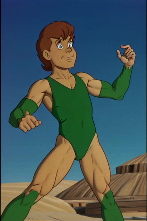 a redhead cartoon character dressed in a green leotard, very muscular, a young male wizard, 1980s cartoon, animated episode still, Presto (((mad)))