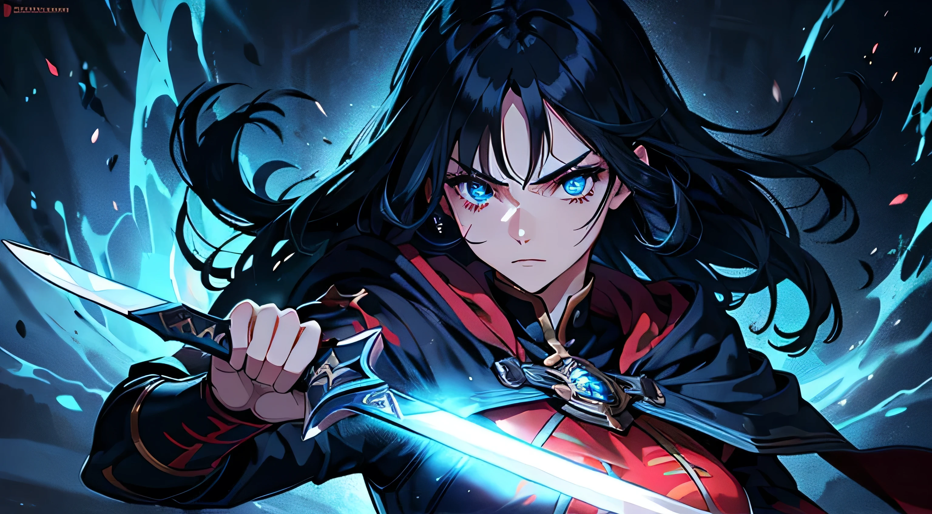 warrioress, black hair, square face, arched eyebrow, blue colored eyes, holding two sword, fantasy setting, detailed outfit, wearing red, trace of magic everywhere, pose de warrioress. 