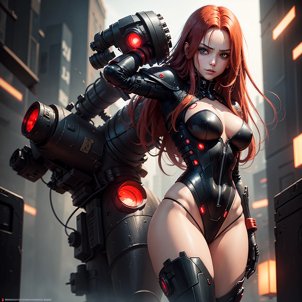 "Fantastic cyberpunk post-apocalyptic style. Beautiful cyborg girl with long red hair, dressed in a black android suit with a cleavage and small red details, stands vertically in front of the camera. Her hands are behind her back. She looks into the lens with a playful, with a slightly flirtatious look and a slight smile. Her thighs are exposed. Dark background with red flashes and lights, creating an atmosphere of slight sadness. The image horizon is flat. Primary colors - black and red." sci fi