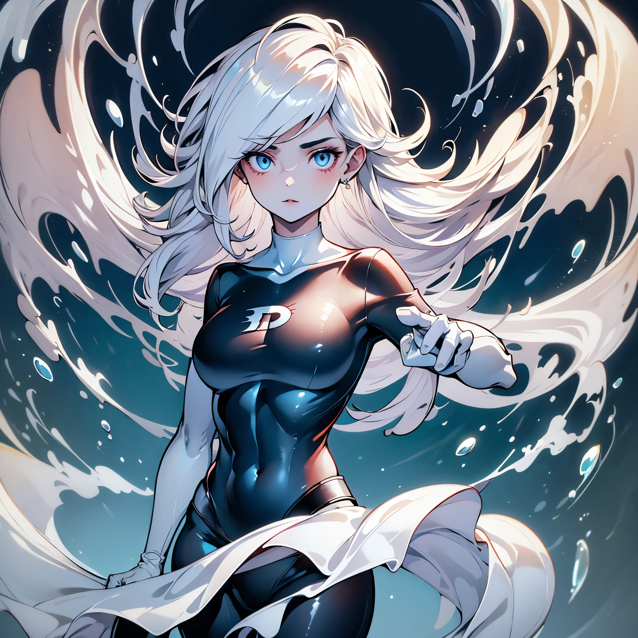 (masterpiece), best quality, expressive eyes, perfect face, highres, 1girl, solo, (female:1.5), danny phantom, white hair, long hair, white gloves, black bodysuit, standing, upper body, looking at the viewer