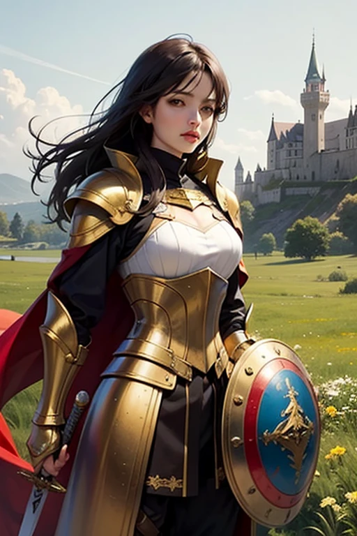 anime girl in golden armor with a sword and shield who is 20 years old in a medieval landscape with the shield raised and a castle in the distance