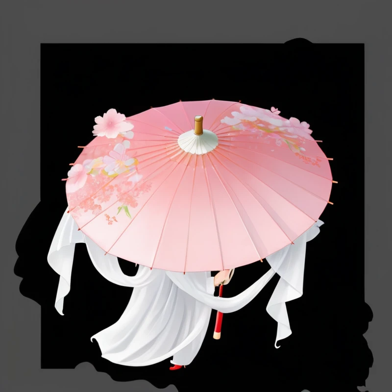 there is a pink umbrella with flowers on it on a black background, 阳umbrella, umbrella, an umbrella top, A sheep, flowing Cherry blossoms-colored silk, Cherry blossoms kinomoto, Fancy hats, flowing Cherry blossoms silk, shadow, 阳umbrellas, mushroom umbrella, Heian period, Cherry blossoms, [[fantasy]], 2k, two, Concept works, 8K!!