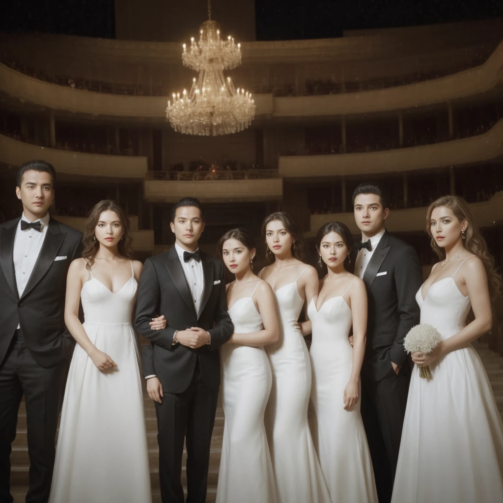 Three men and three women are standing on the opera stage, the three men are wearing black suits and the three women are wearing elegant long white dresses, close up, realistic photo