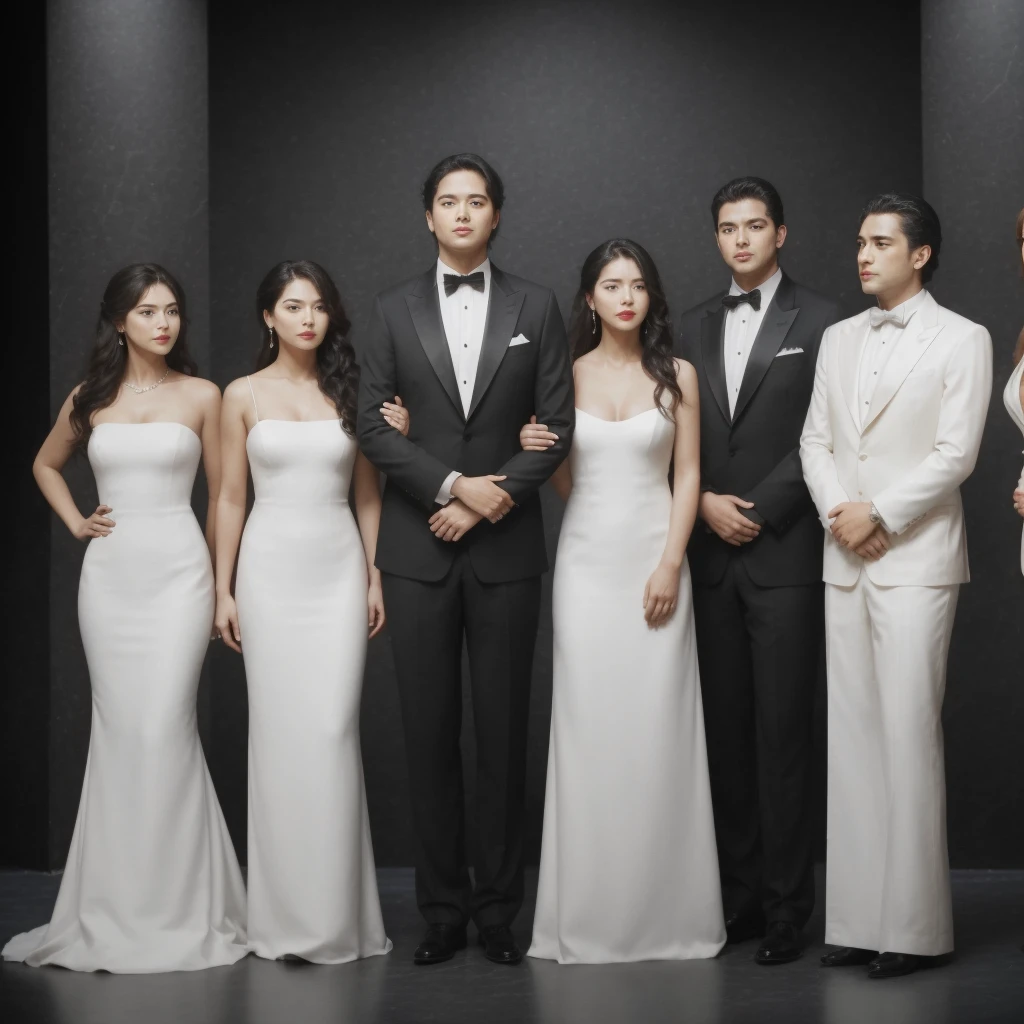 Three men and three women are standing on the opera stage, the three men are wearing black suits and the three women are wearing elegant long white dresses, close up, realistic photo