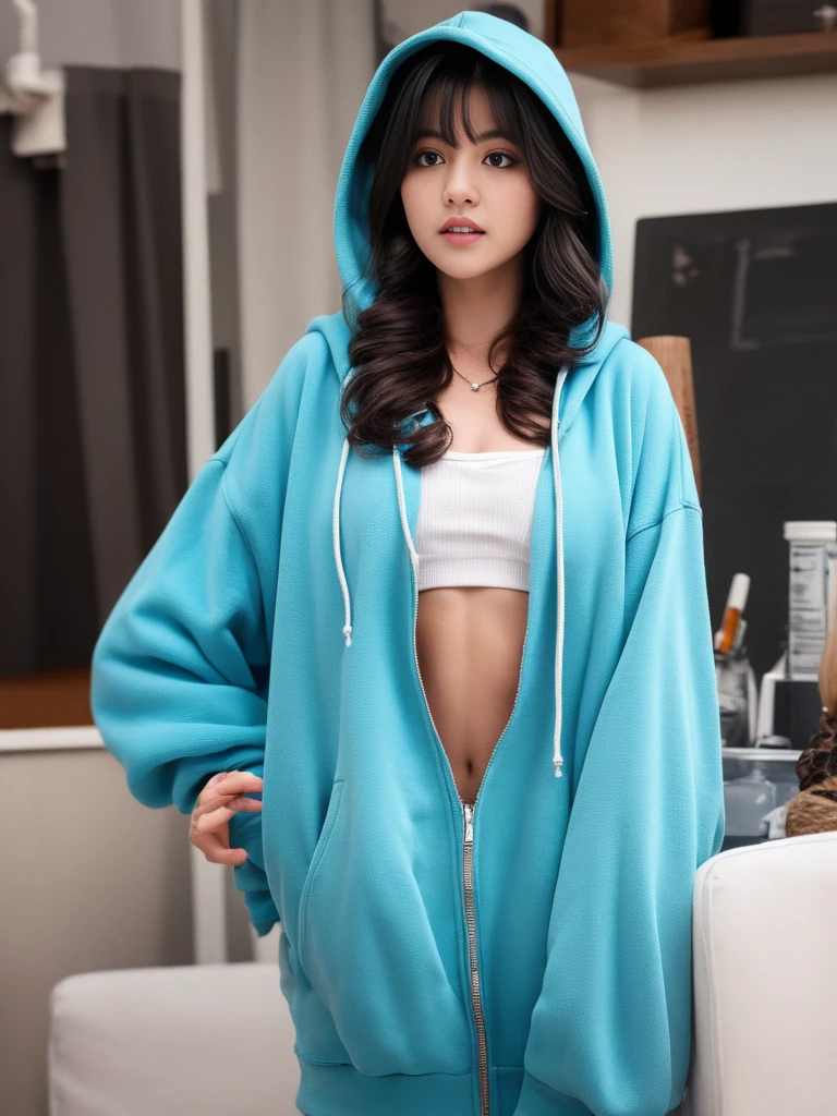 masterpiece, 4girl, Best Quality, Illustration, Ultra-detailed, finely detail, hight resolution, 8K Wallpaper, Perfect dynamic composition, Beautiful detailed eyes, long black hair, Natural Lip, blue hoodie and red hoodie , cleavage. vonzy