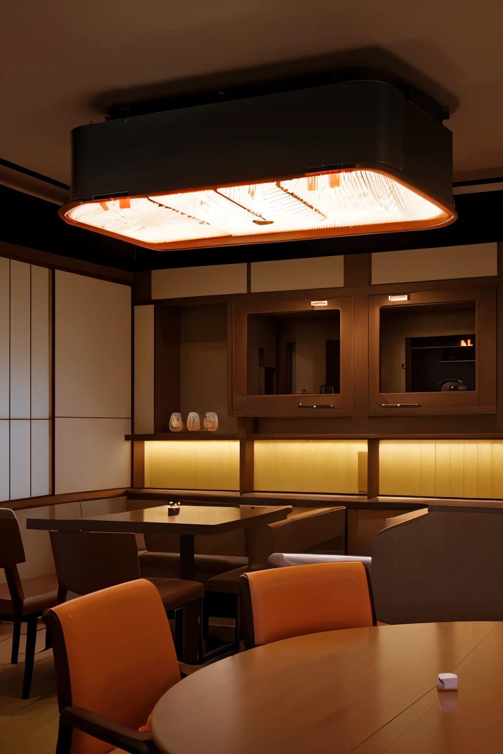 MAKE FUTURISTIC JAPANESE RESTAURANT INTERIOR DESIGN ILLUSTRATION WITH 100 PAX CAPACITY , WITH LIGHT BOX AND LED AS A CEILING TREATMENT WITH DARK ORANGE AS A MAIN COLOR