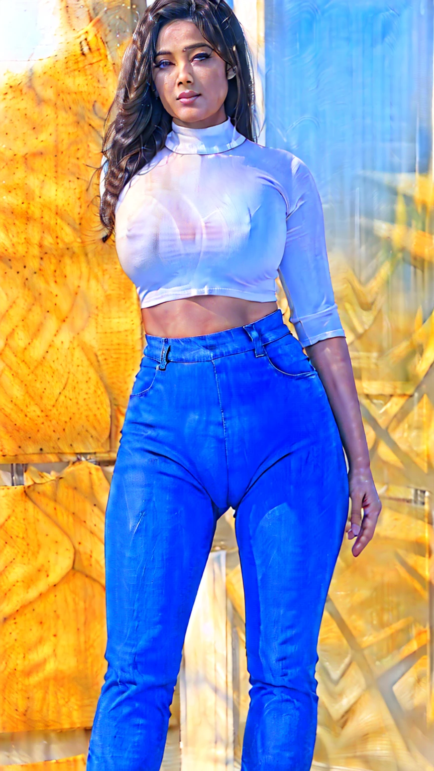 ultra realistic glamor photo of swti woman, outdoors, realistic skin texture, looking looking at camera, blue jeans, white mesh turtleneck, dynamic pose, simple white background ,cameltoe,pussy exposed