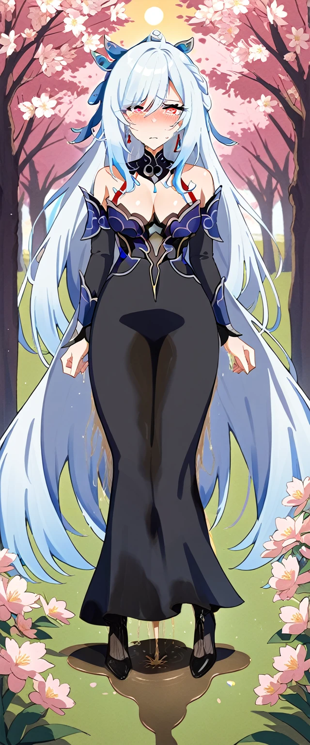 (masterpiece:1.37), best quality, (extremely detailed:1.37), (1girl:1.5), woman, (mature:1.5), (adult:1.5), jingliu, white hair, long hair, ponytail, hair ribbon, red eyes, earrings, jewelry, dress, (extremely tight dress:1.5), (extremely detailed eyes:1.37), (wetting self:2.0), desperation, standing, embarrassed, humiliation, blushing, angry, cherry blossoms, garden, (golden hour:1.5), full body