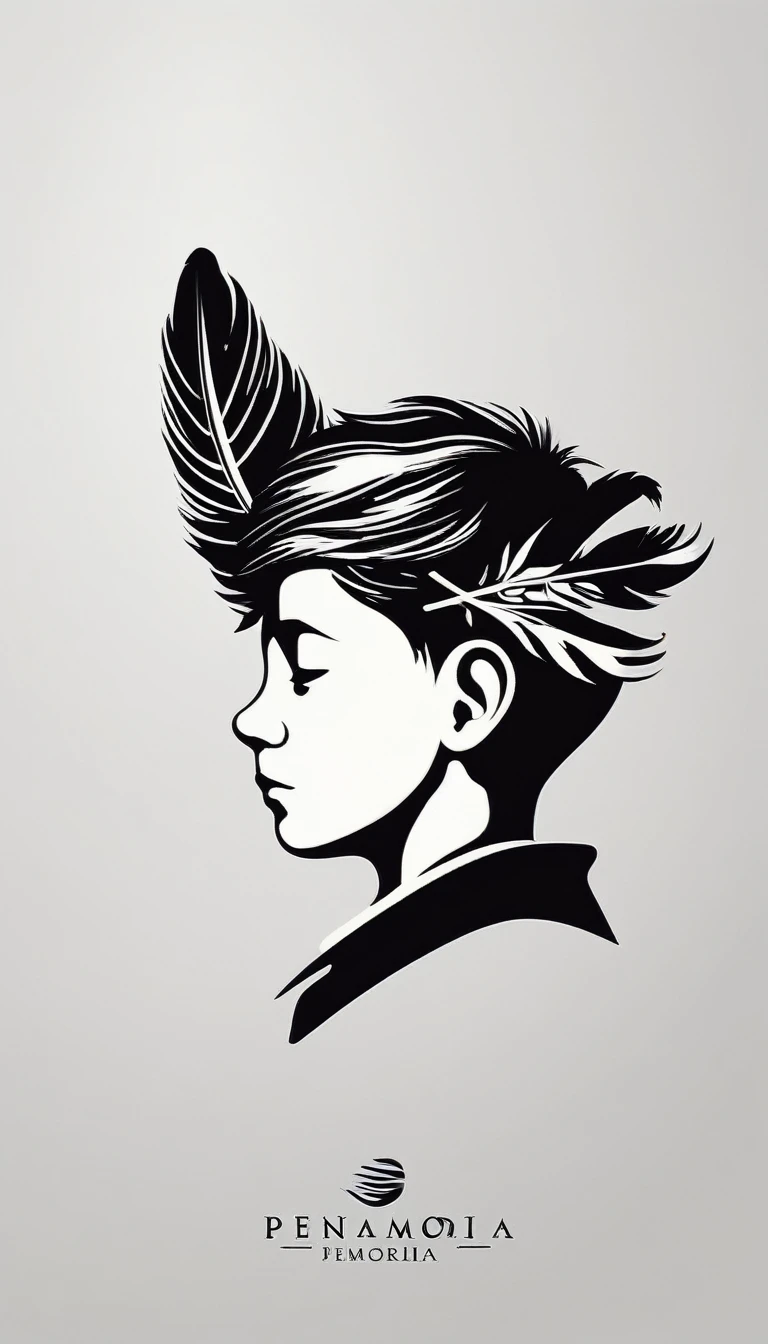 A minimalist, fantastic, poetic, dreamy, captivating, memorable, masterpiece, modern, simple logo design of a boy and a feather for the brand “Penamemoria". The logo must convey a sense of music, stories and dreams. Minimalistic logo design of a boy and a feather.