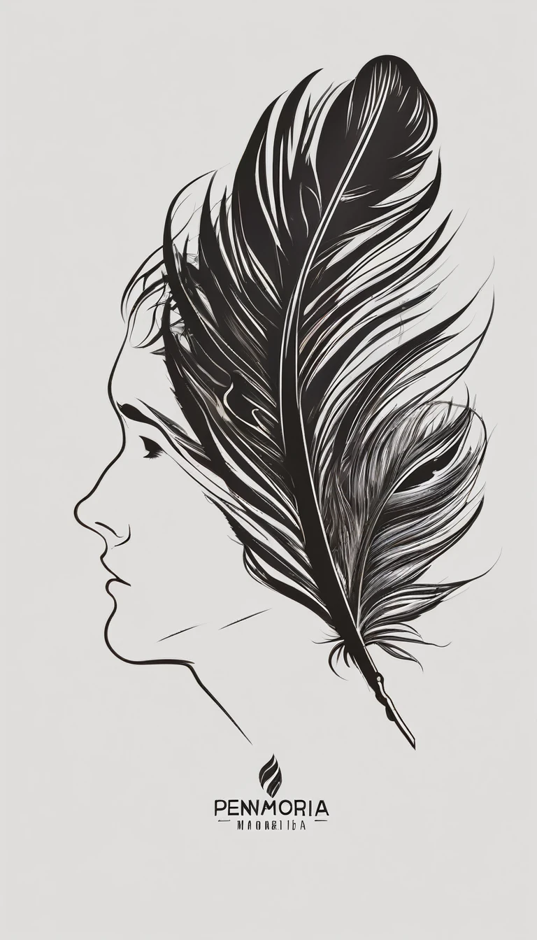 A minimalist, fantastic, poetic, dreamy, captivating, memorable, masterpiece, modern, simple logo design of a boy and a feather for the brand “Penamemoria". The logo must convey a sense of music, stories and dreams. Minimalistic logo design of a boy and a feather.