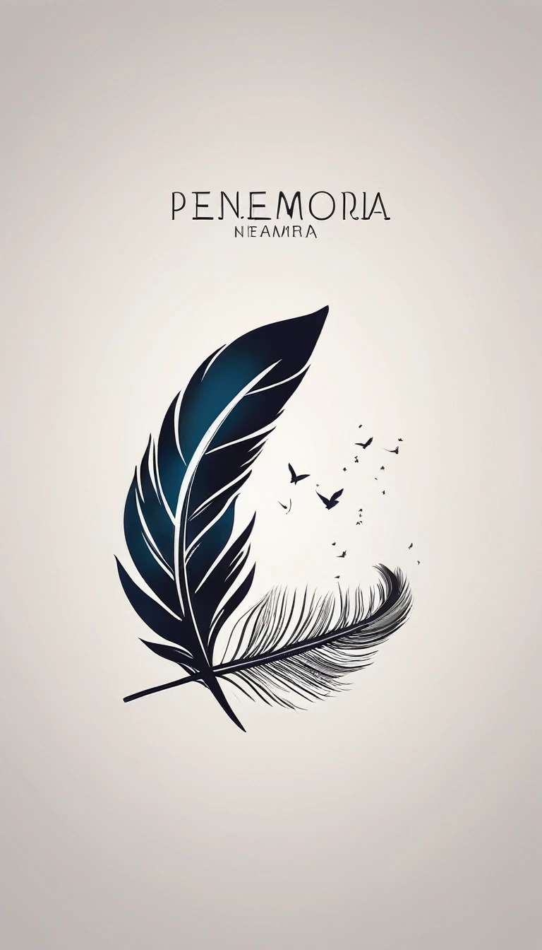 A minimalist, fantastic, poetic, dreamy, captivating, memorable, masterpiece, modern, simple logo design of a boy and a feather for the brand “Penamemoria". The logo must convey a sense of music, stories and dreams. Minimalistic logo design of a boy and a feather.