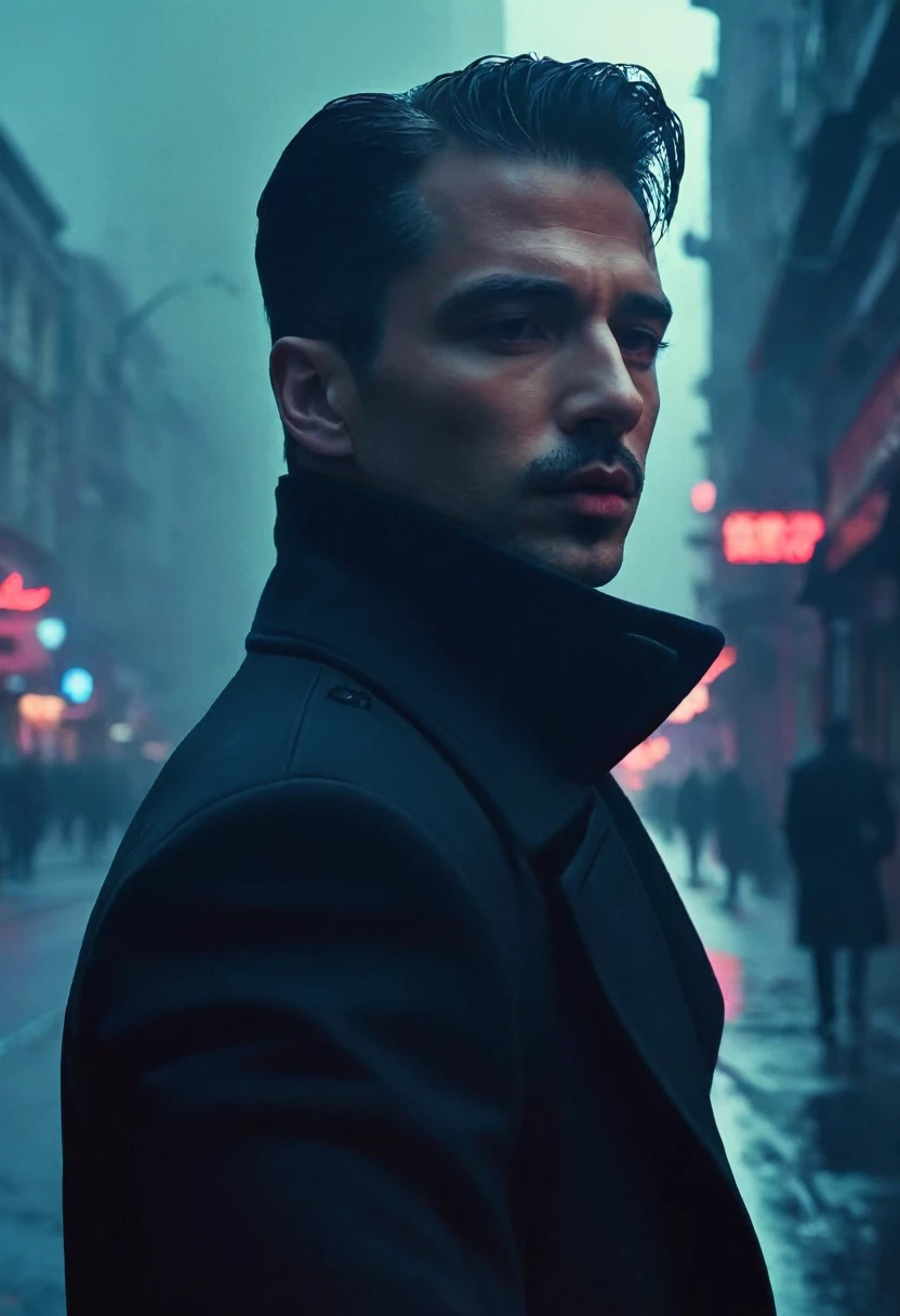 An agent walks down the street,Look ahead. Wearing an elegant black coat. His lips were tightly closed,Eyes are nervous. The situation is dangerous and serious. colored. hazy atmosphere. An atmosphere full of mystery and intrigue. cyberpunk,