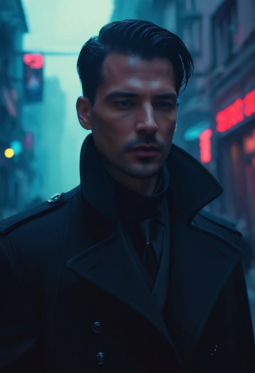 An agent walks down the street,Look ahead. Wearing an elegant black coat. His lips were tightly closed,Eyes are nervous. The situation is dangerous and serious. colored. hazy atmosphere. An atmosphere full of mystery and intrigue. cyberpunk,