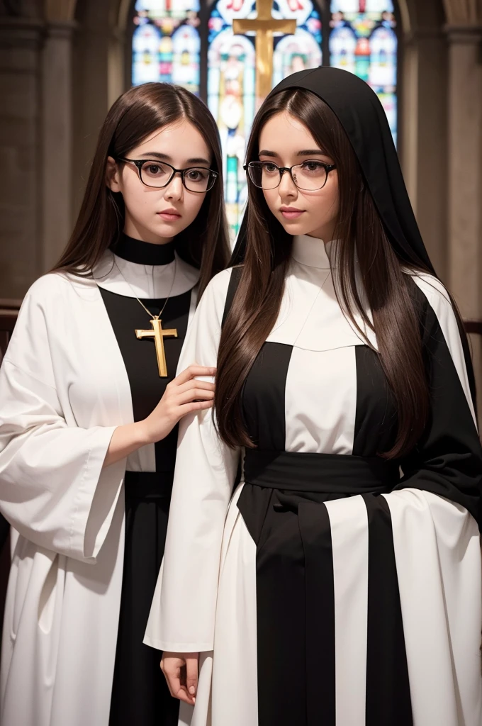 create an image of a Catholic woman with black and white acolyte who wears glasses, brown hair and honey eyes with long straight hair in the Catholic church for me to use as my Instagram profile photo 