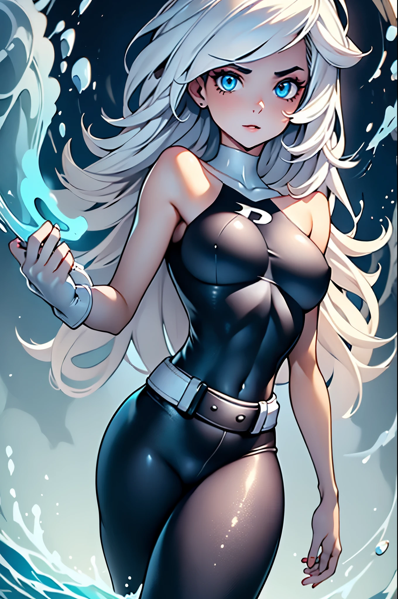 (masterpiece), best quality, expressive eyes, perfect face, highres, 1girl, solo, (female:1.5), danny phantom, white hair, long hair, white gloves, black , standing, upper body, looking at the viewer