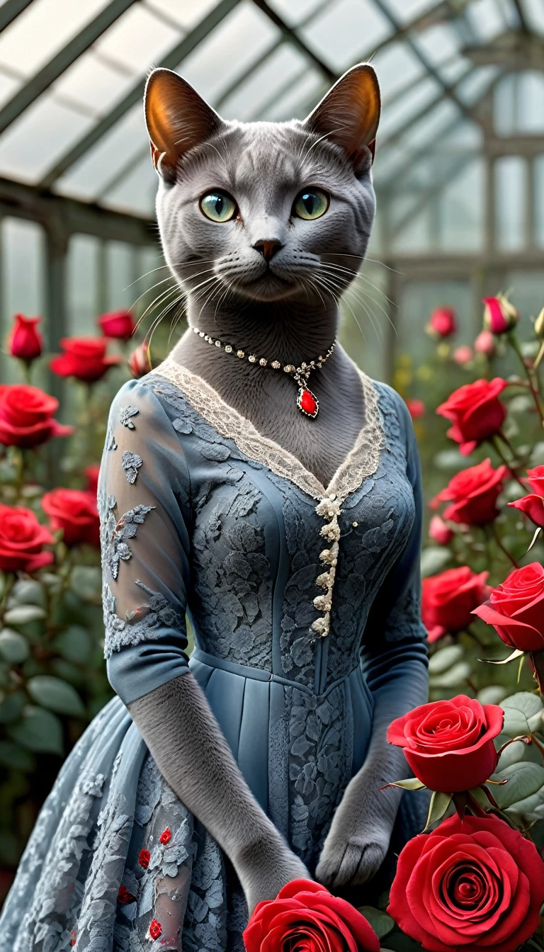 Realistic portrait of an animal in clothes - beautiful Russian Blue cat, Standing with a red rose,Looking at the roses diagonally below(A greenhouse in the evening with lots of red roses in full bloom), high quality,(Lovely) ,Intricate details, Very detailed ((Elegant lace grey floral one-piece dress) ,Antique photos、Nostalgia、Very detailed decorations,, (ennui), Natural light,Evening Light、Magic Hour(Full body image:1.5)