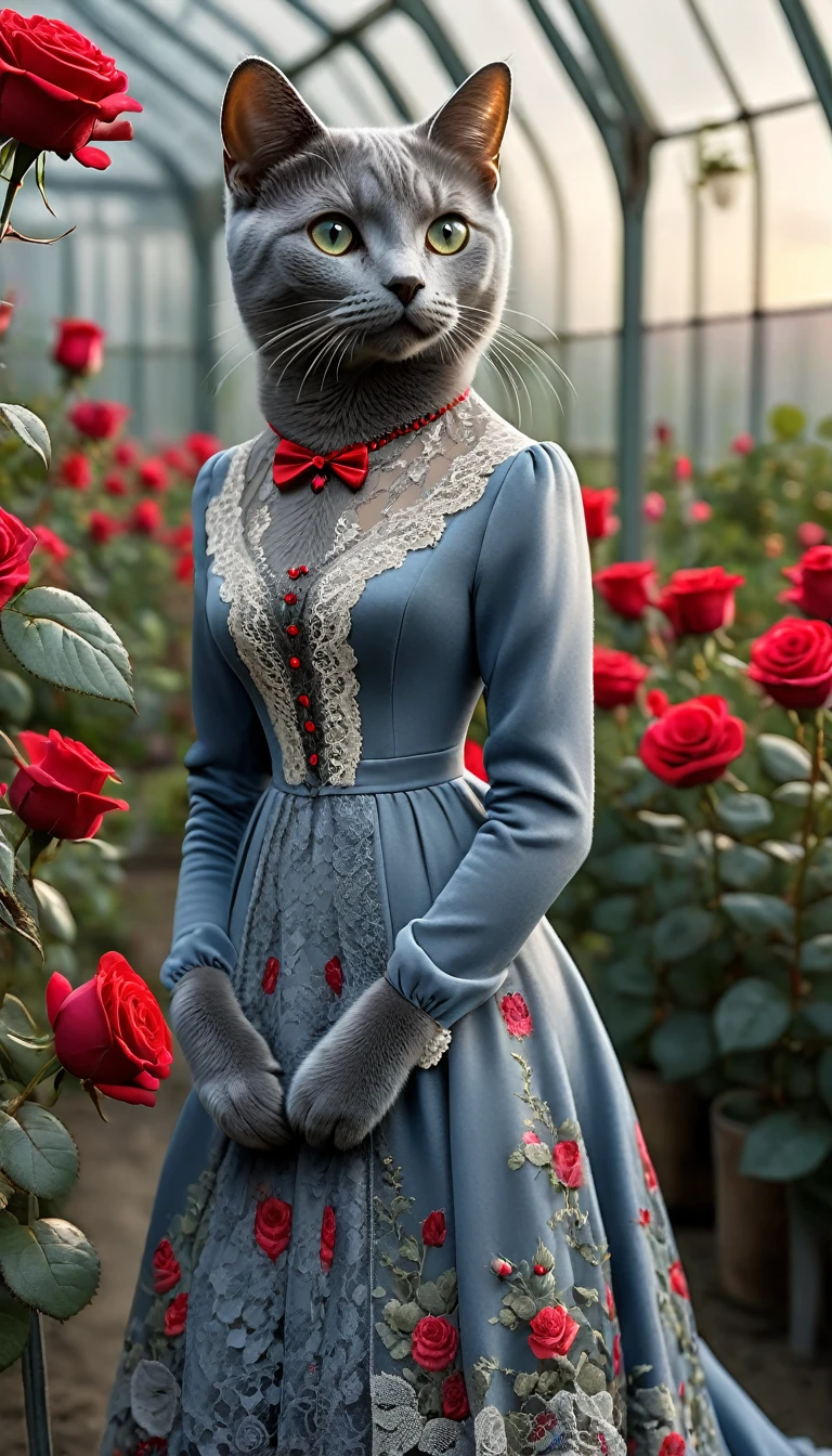 Realistic portrait of an animal in clothes - beautiful Russian Blue cat, Standing with a red rose,Looking at the roses diagonally below(A greenhouse in the evening with lots of red roses in full bloom), high quality,(Lovely) ,Intricate details, Very detailed ((Elegant lace grey floral one-piece dress) ,Antique photos、Nostalgia、Very detailed decorations,, (ennui), Natural light,Evening Light、Magic Hour(Full body image:1.5)