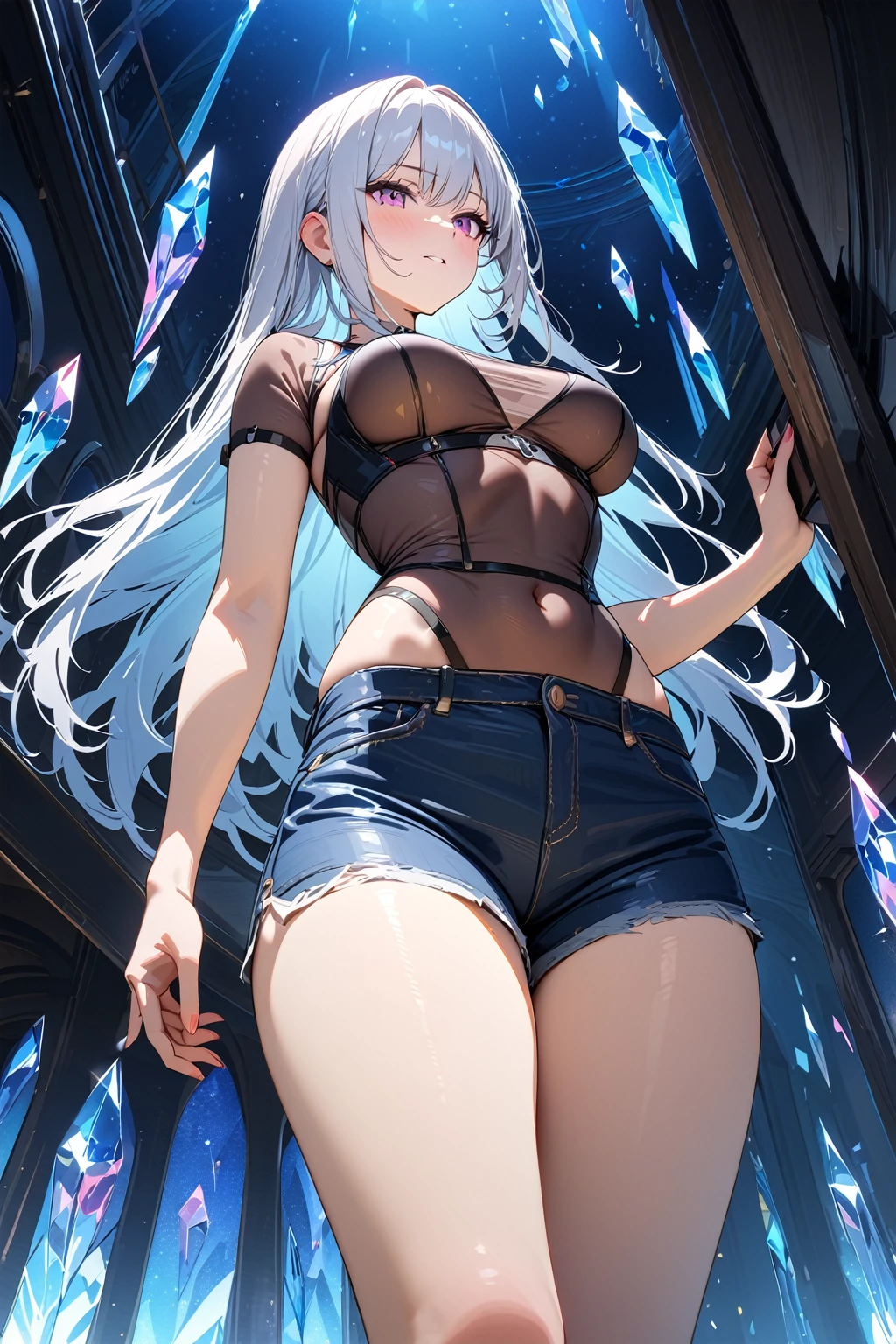 (masterpiece, best quality:1.5), (ultra detailed, high resolution, 8k, beautiful detailed, UHD, best anatomy), white straight hair, medium breasts, 1 girl, short shorts, thin see-through, standing, from below, Crystals floating around, night