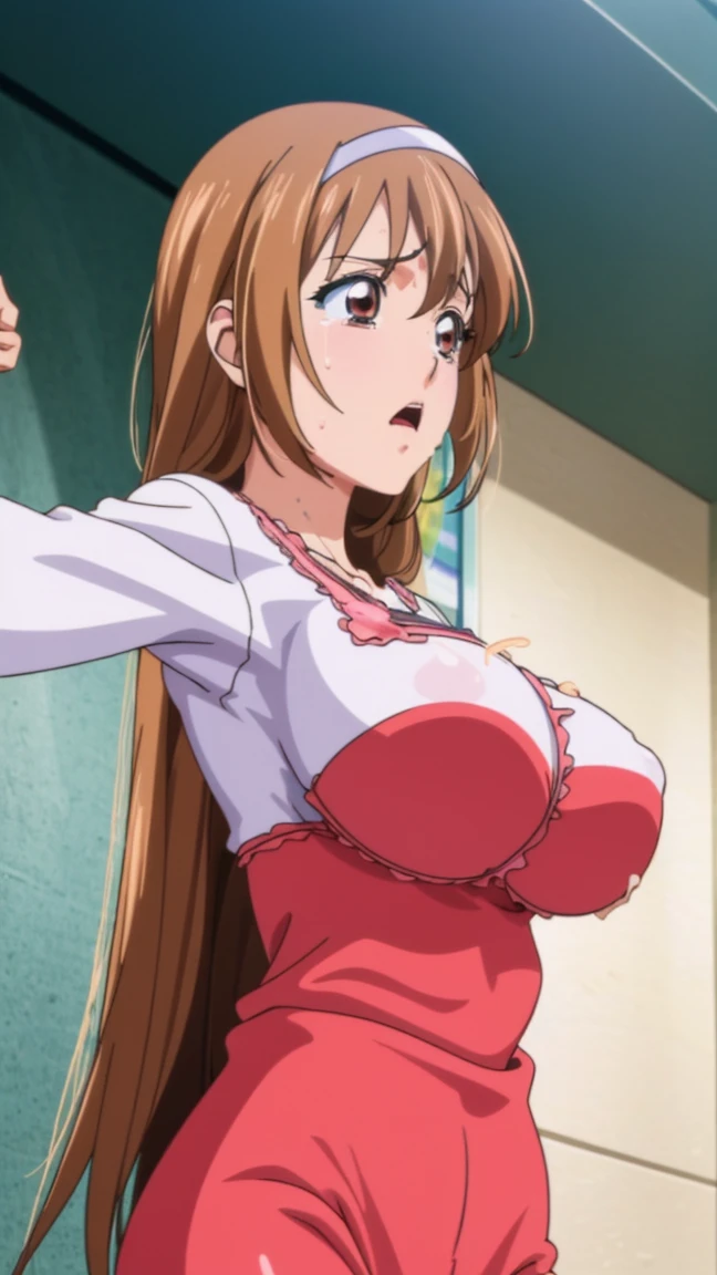 Anime Color, Highest quality, High resolution, 1 Girl, Open your mouth、Regrettably, Sulky face、tearseye、tears、nude((Sweat all over the body、))、(Big Breasts:1.2), hair_between_eye, hair_good, brown_hair,brown_eye, 1 Girl、From afar、locker room、Raise your arms、